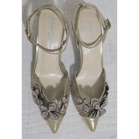 Betsy Johnson Sz 10 Gold Sofya Rhinestone Floral Pointed Toe Heels EUC - Picture 1 of 7